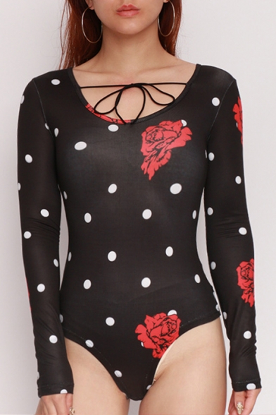 Chic Polka Dot Floral Print Scoop Neck Long Sleeve Slim Fit Bodysuit