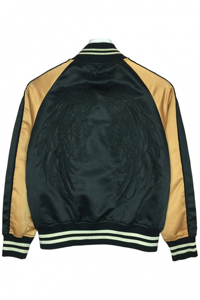 Color Block Wing Embroidered Back Stand Up Collar Long Sleeve Zip Up Baseball Jacket
