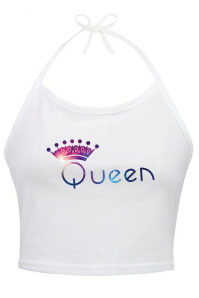 Colorful Letter Crown Printed Halter Sleeveless Cropped Cami