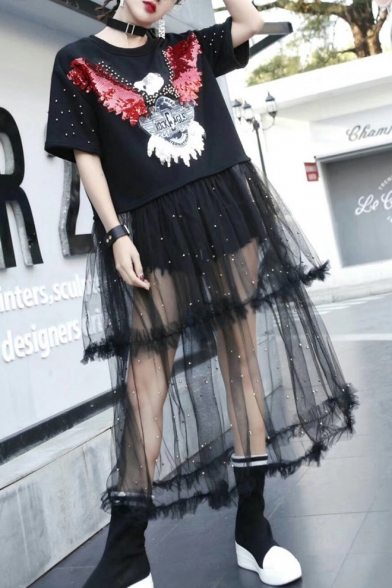 Cool Gauze Patchwork Beaded Sequined Eagle Letter Pattern Layered Midi T-shirt Dress