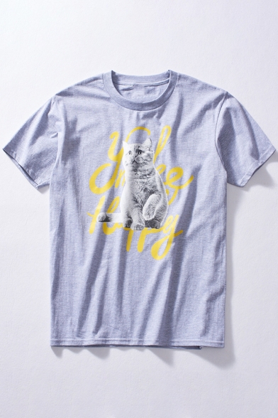 Cute Letter Cat Printed Round Neck Loose Short Sleeve Tee