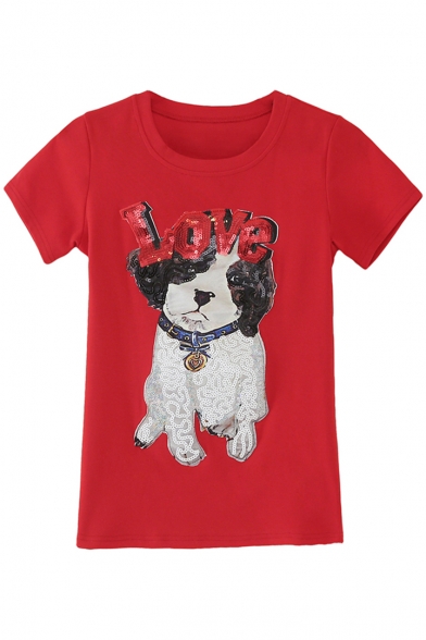 

Cute Sequined Dog Letter Pattern Round Neck Short Sleeves Casual Tee, Black;red;white