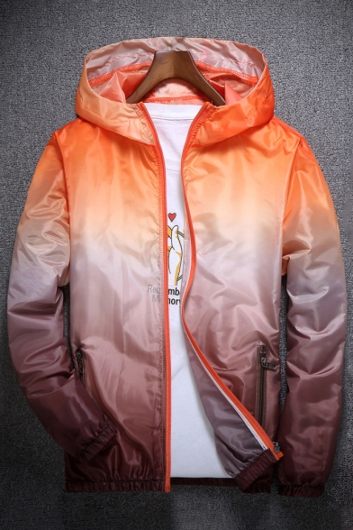 Fancy Color Block Ombre Pattern Zip Up Hooded Pocket Detail Sun Coat