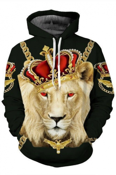 Fancy Crown Lion King Pattern Long Sleeves Pullover Unisex Leisure Hoodie