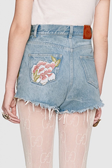 Fancy Floral Embroidered Zipper Fly Pocket Detail Raw Edged Hot Pants Denim Shorts