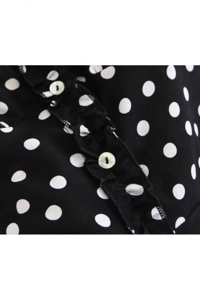 Fancy Polka Dot Print Spaghetti Straps Ruffle Detail Button Front Mini Cami Dress