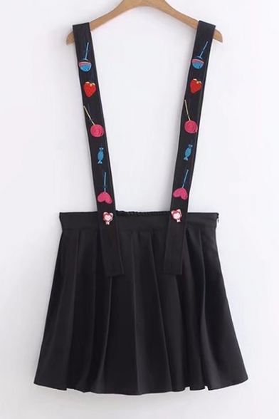 Girlish Sweetheart Candy Lollipop Strawberry Embroidery Mini Pleated Overall Skirt