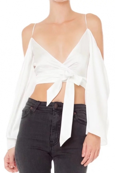 Holiday Style Long Sleeve Cold Shoulder Bow Tie Waist Cropped Blouse