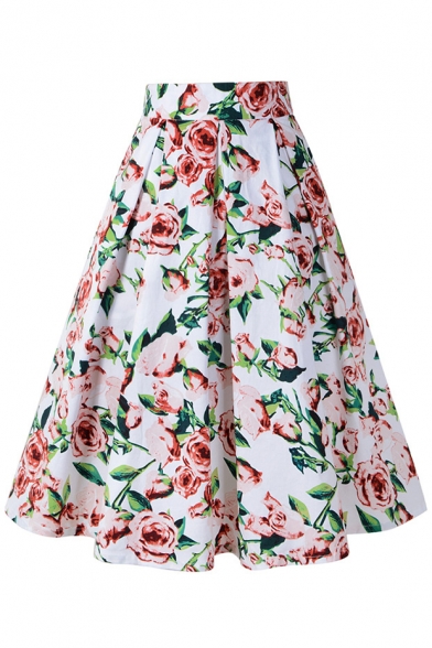 Hot Popular Retro Camellia Printed Zipper Fly Midi A-Line Skirt
