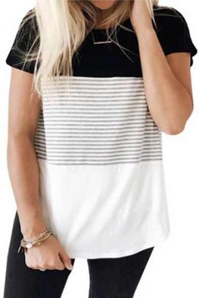 Color Block Striped Pattern Round Neck Short Sleeves Casual Tee