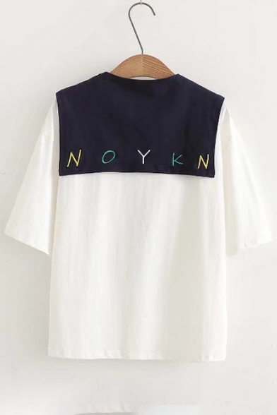 Simple Letter Embroidered Navy Collar Short Sleeve Leisure Tee