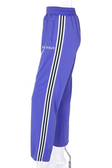 Letter Printed Contrast Striped Side Elastic Waist Loose Leisure Sports Pants