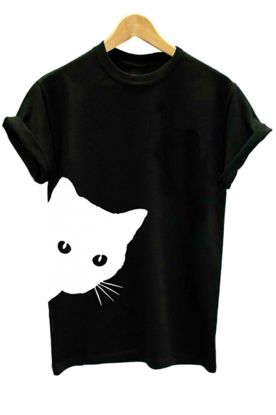 Lovely Cat Print Round Neck Short Sleeves Casual Monochrome Tee