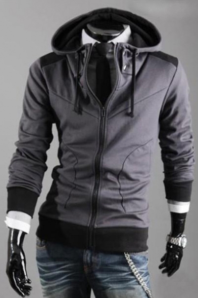 Men's Spring Fashion Zip Up Drawstring Hooded Color Block Long Sleeve Jacket