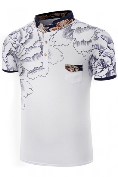 New Fashion Floral Print Pocket Button Detail Mock Neck Short Sleeve Tee