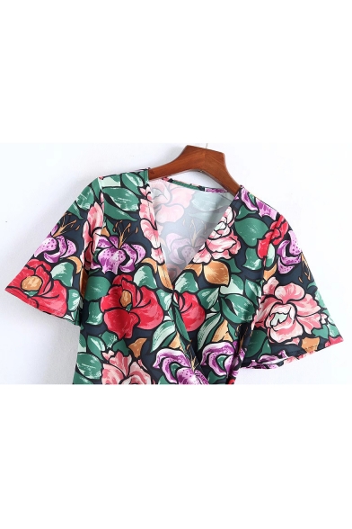 Popular Floral Print Short Sleeve V Neck Mini Wrap Summer Dress