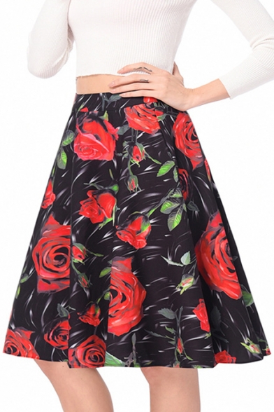 Retro High Waist Zipper Fly Floral Printed Midi A-Line Skirt