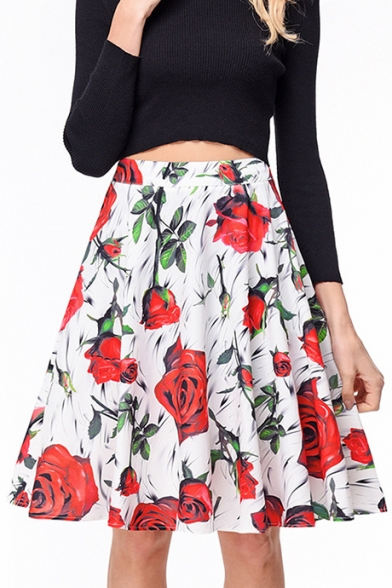 Retro High Waist Zipper Fly Floral Printed Midi A-Line Skirt