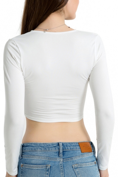 Sexy Plunge Neck Knotted Front Long Sleeve Plain Cropped Tee