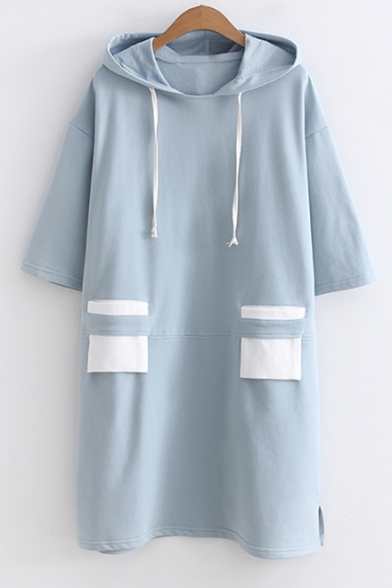Simple Color Block Drawstring Hood Half Sleeve Loose Mini Hooded Dress