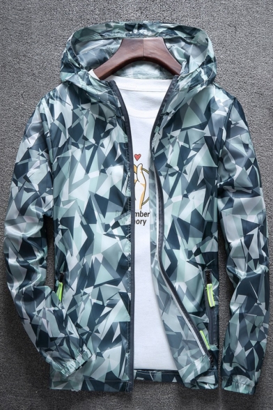 Spring Fashion Geometric Print Zip Up Hooded Long Sleeve Outdoor Sun Coat