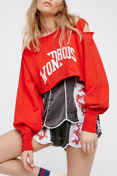 Street Fashion Hollow Out Letter Print Blouson Sleeve Cropped Pullover Sweatshirt