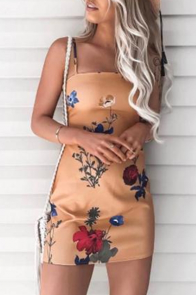 Stylish Floral Print Spaghetti Straps Bow Tie Hollow Back Mini Cami Dress