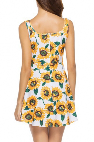 Summer Collection Floral Sunflower Print Scoop Neck Sleeveless Mini Tank Dress
