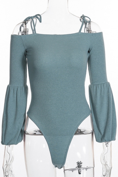Summer Collection Plain Off The Shoulder Bow Tied Detail Puff Sleeve Slim Ribbed Bodysuit