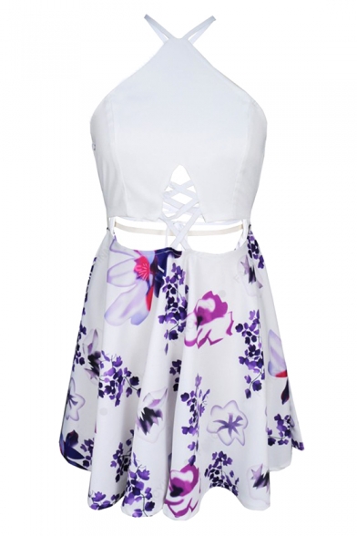 Summer Fashion Cross Back Lace-up Hollow Waist Floral Print Mini A-line Dress
