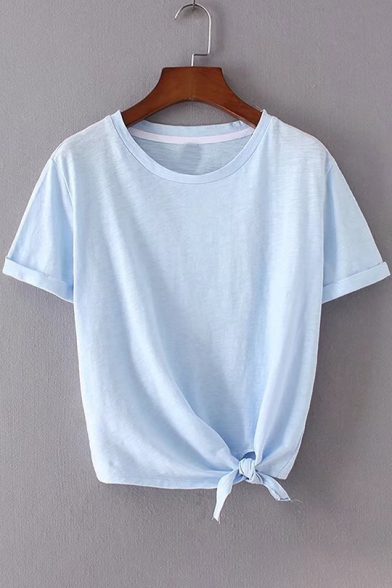 Summer's New Arrival Simple Plain Knotted Hem Round Neck Short Sleeve Tee