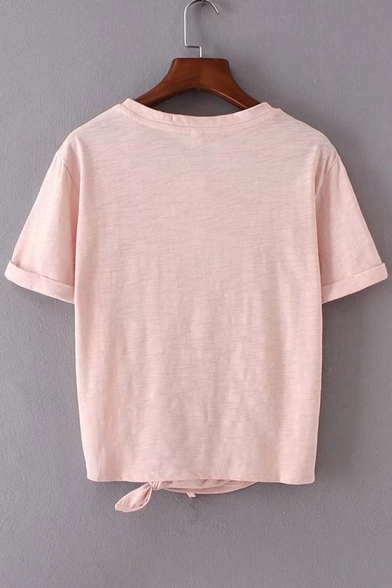Summer's New Arrival Simple Plain Knotted Hem Round Neck Short Sleeve Tee
