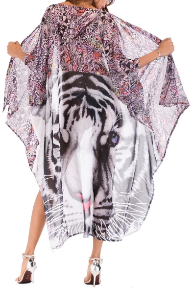 Beach Style White Tiger Floral Print Wrap Front Dipped Hem Belted Cover Up