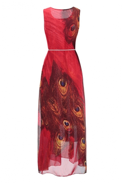 Bohemia Style Random Peacock Feather Printed Round Neck Sleeveless Tied Waist Maxi A-Line Dress