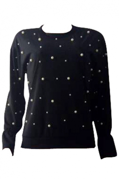 Chic Allover Beaded Round Neck Bell Sleeves Pullover Sweatshirt