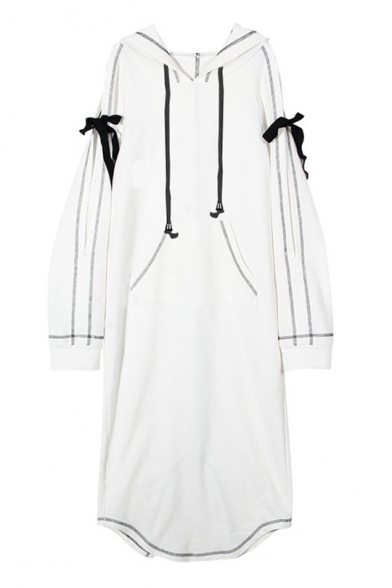 Chic Contrast Inverted Seam Cold Shoulder Long Sleeve Split Back Maxi Hoodie Dress