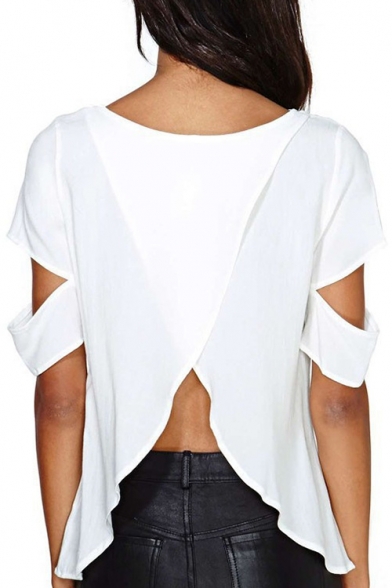 Chic Plain Hollow Back Round Neck Short Sleeves Casual Tee