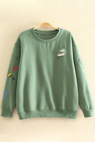 Childish Letter Embroidery Ripped Off Hollow Detail Long Sleeves Pullover Sweatshirt