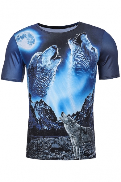 Cool Night Moon Wolf Print Round Neck Short Sleeves Casual Tee