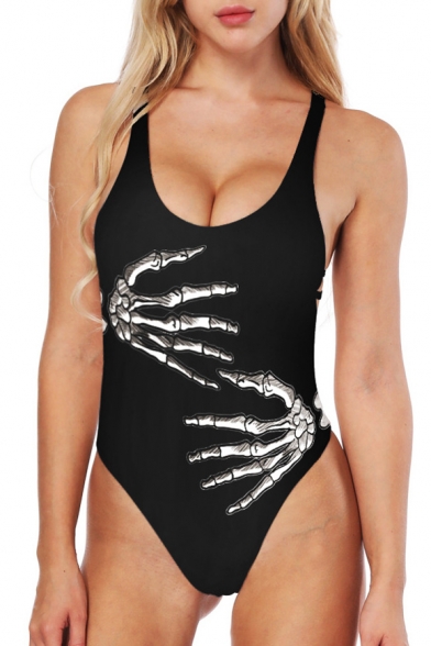 

Cool Skeleton Hand Print Scoop Neck Hollow Out One Piece Swimwear, LC464848