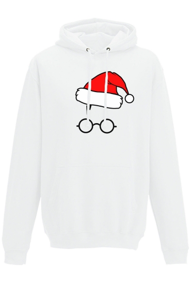 Cute Christmas Hat Eyeglasses Print Long Sleeves Pullover Hoodie