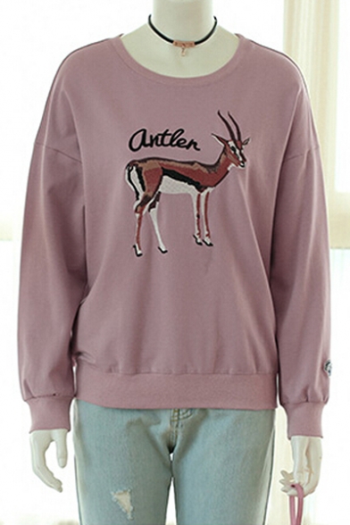 Deer Letter Embroidered Round Neck Long Sleeve Pullover Sweatshirt