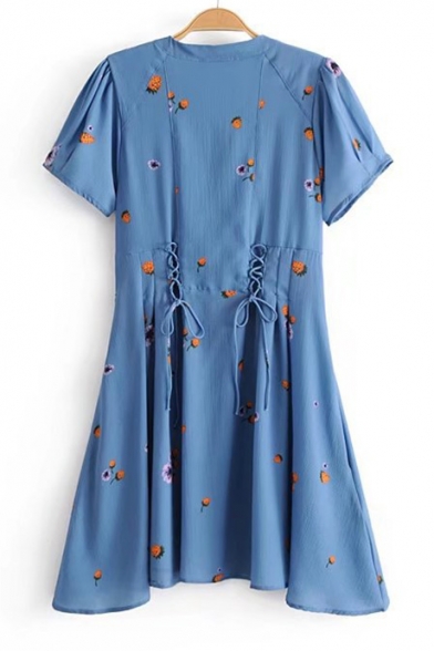 Hot Fashion Floral Print Button Lace Up Detail V-Neck A-line Mini Dress