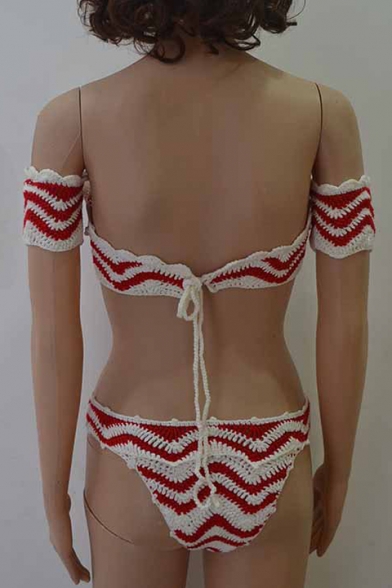 Hot Fashion Off the Shoulder Striped Pattern Tie Back Knitted Bikini