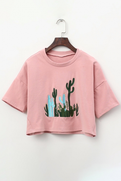 Leisure Fashion Cactus Embroidered Round Neck Short Sleeves Cropped Tee