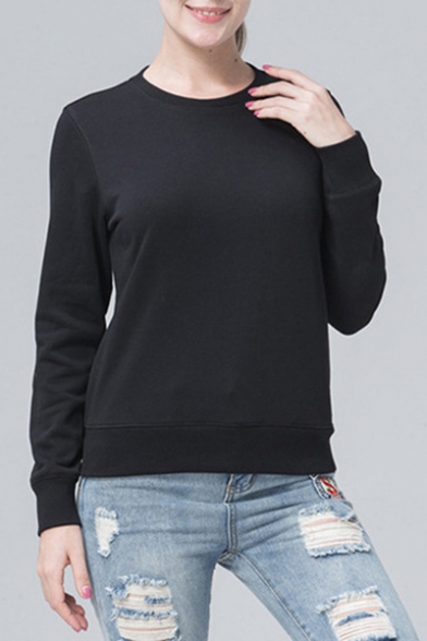 Natural Simple Basic Plain Round Neck Long Sleeves Slim Fit Pullover Sweatshirt