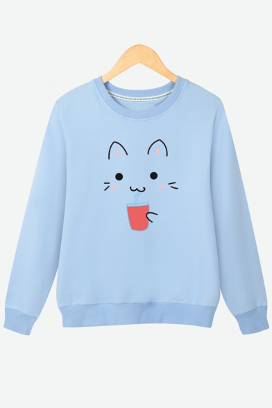 Popular Cat Cartoon Drink Print Round Neck Long Sleeves Pullover Sweatshirt