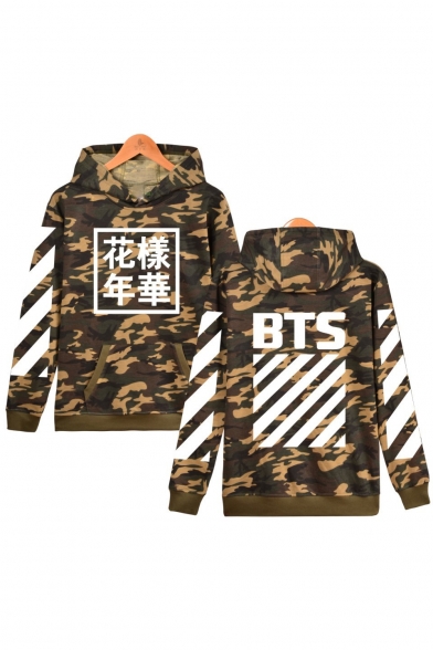 Popular Striped Chinese Letter Print Long Sleeves Pullover Hoodie with Pocket