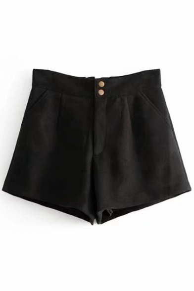 Popular Zipper Fly Plain Lace Up Back Pocket Detail Loose Shorts