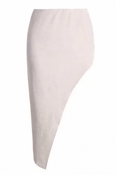 Sexy Plain High Waist Split Side Asymmetric Hem Zipper Fly Back Midi Pencil Skirt